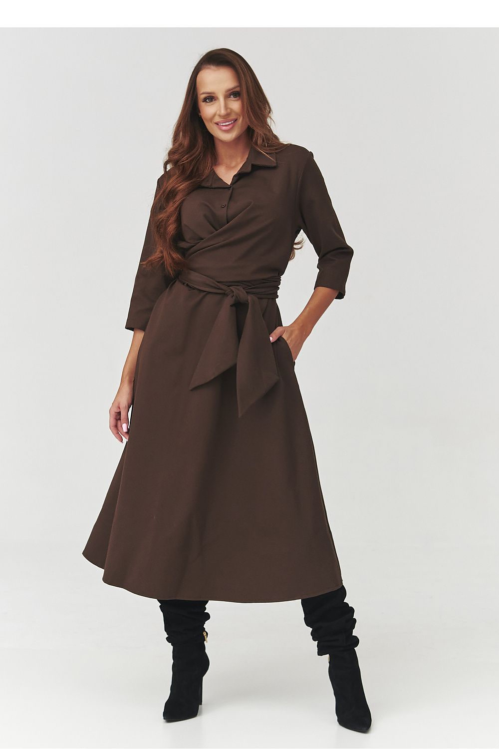 Luxurious chocolate coloured midi shirt dress by Makadamia, designed with 3/4 sleeves and a flattering wrap design for a sophisticated look.