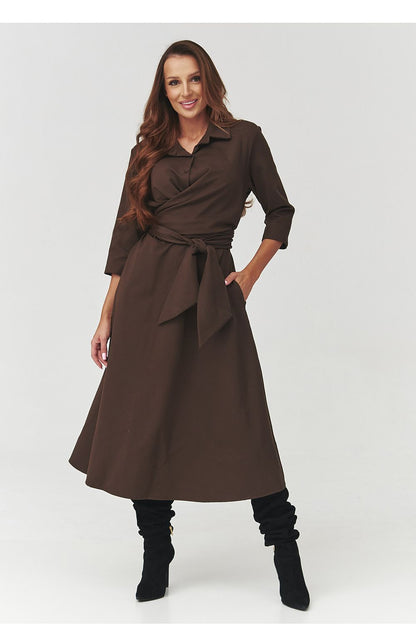 Luxurious chocolate coloured midi shirt dress by Makadamia, designed with 3/4 sleeves and a flattering wrap design for a sophisticated look.