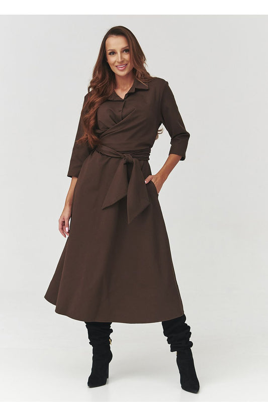Luxurious chocolate coloured midi shirt dress by Makadamia, designed with 3/4 sleeves and a flattering wrap design for a sophisticated look.