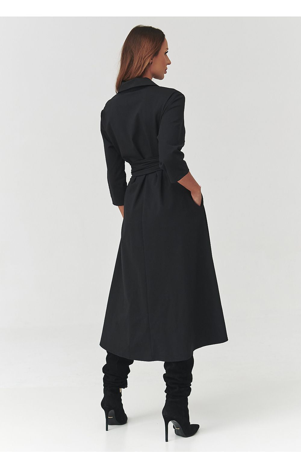 Makadamia stylish midi shirt dress with waist belt, showcasing luxurious fabric and fit for women, available in chocolate color.