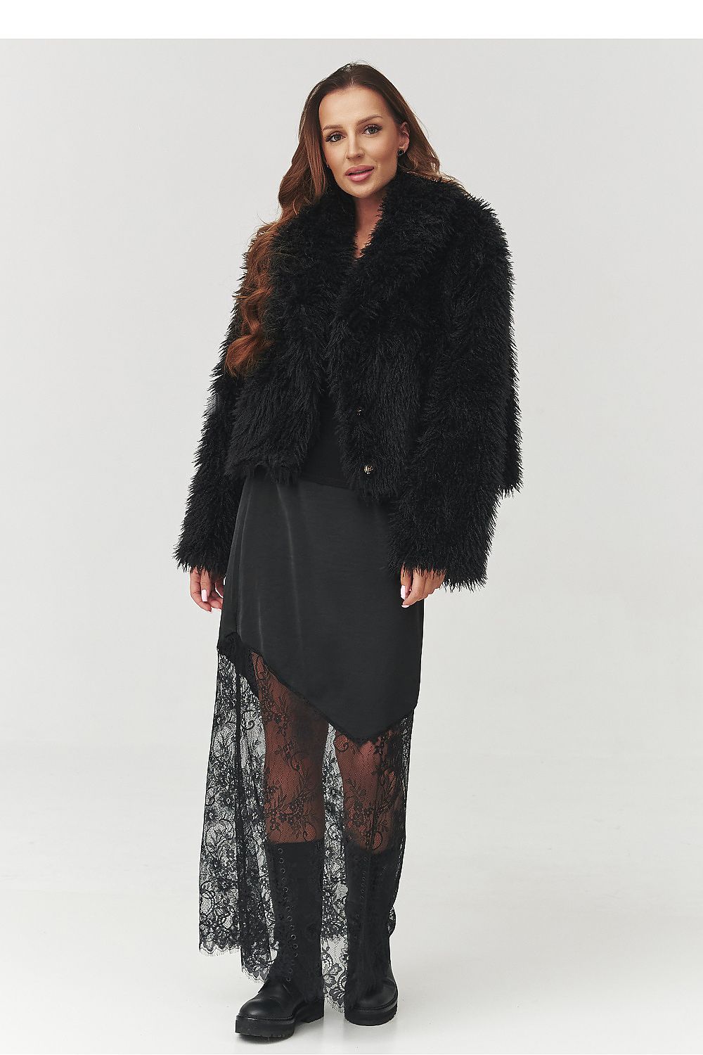 Elegant burgundy Fur Jacket by Makadamia, highlighting feminine charm with its shorter cut and warm polyester material, ideal for versatile ensembles.