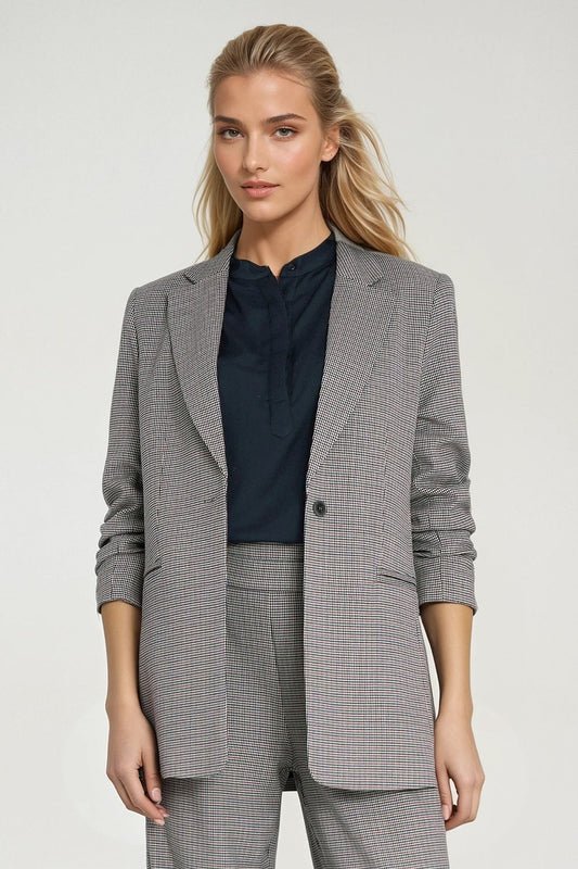 Elegant Women's Houndstooth Jacket by Nife, featuring a classic lapel collar and 3/4 sleeves for a chic and sophisticated look.