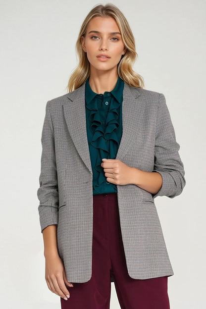 Close-up of Nife's stylish women's houndstooth jacket details, showcasing the delicate small pattern and quality craftsmanship.