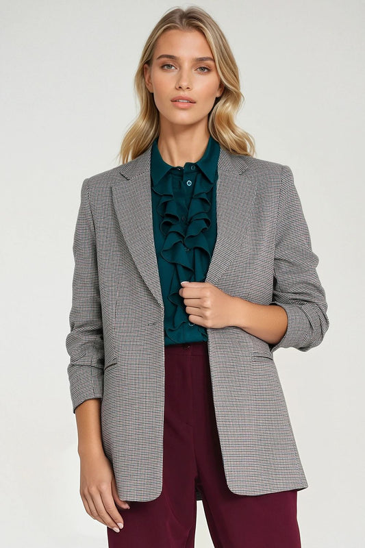 Close-up of Nife's stylish women's houndstooth jacket details, showcasing the delicate small pattern and quality craftsmanship.