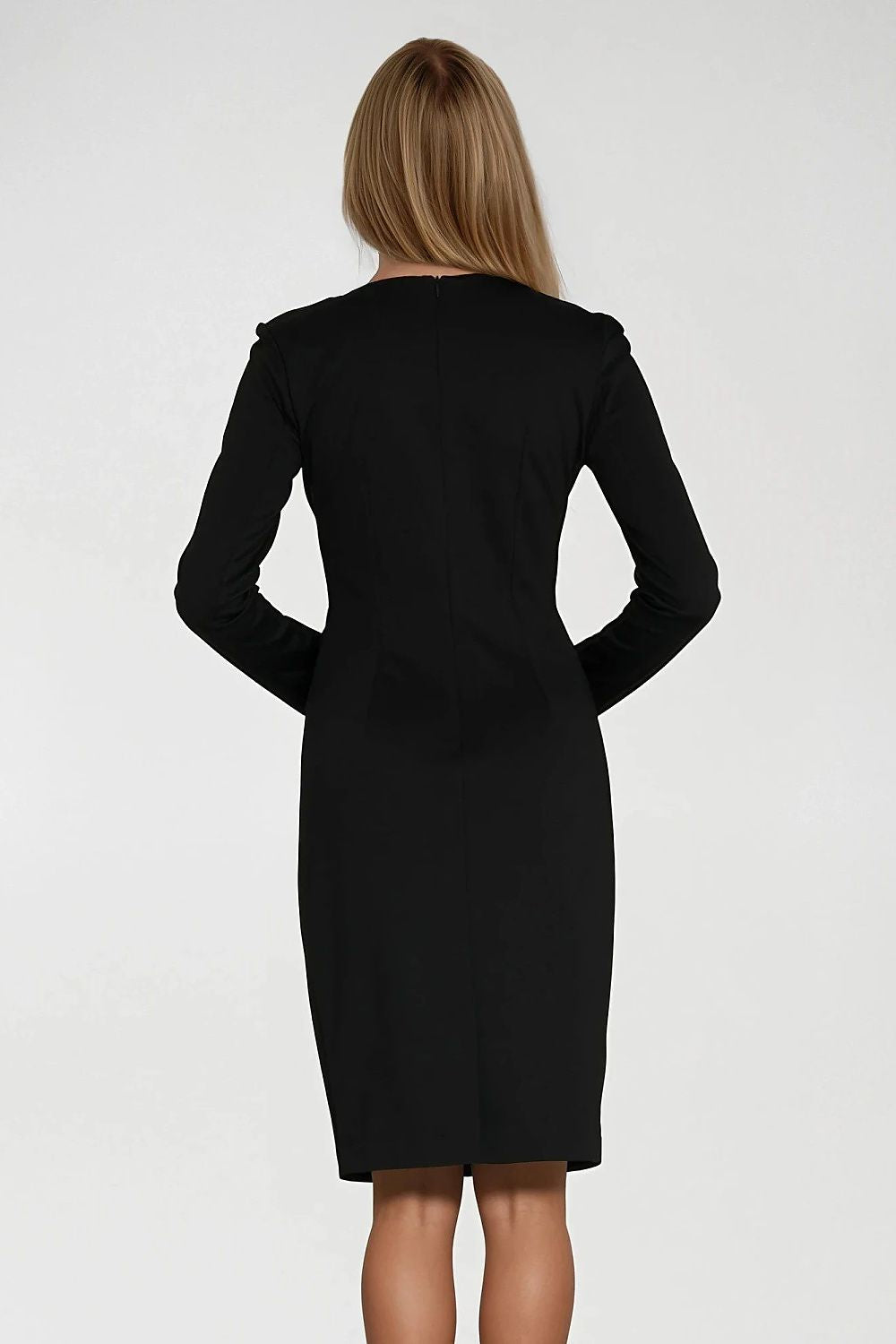 Back view of elegant Nife daydress, showcasing a concealed zipper and classic pencil skirt design.