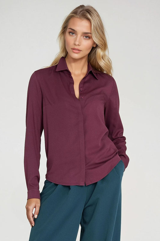 Elegant women's long sleeve viscose shirt by Nife featuring a hidden button placket, styled for a luxurious look.