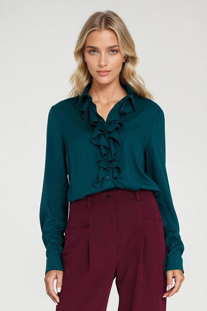 Elegant Women's Long Sleeve Fitted Shirt by Nife featuring a classic collar and decorative jabot, perfect for a sophisticated office look.