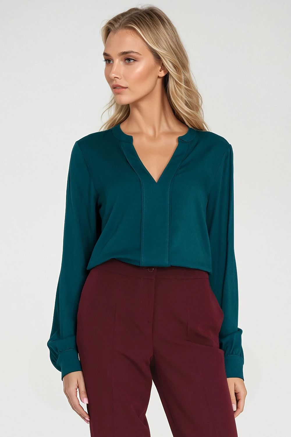 Elegant Viscose Blouse by Nife featuring a V-neckline and pleat detail, available in sizes EU 36 to 42. Perfect for adding a touch of luxury to both casual and office outfits.