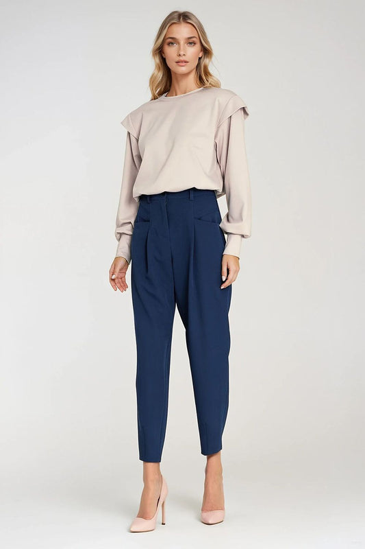 Close-up of Nife Women's High Waist Balloon Trousers showcasing the exquisite craftsmanship and trendy design with statement pockets, perfect for effortless style.