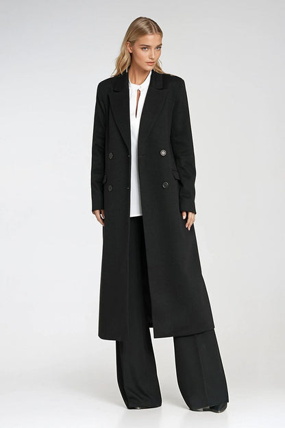 Luxury women's herringbone flannel coat by Nife featuring a sophisticated V-neckline and double-breasted design, perfect for elegant outfits.