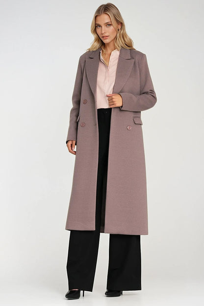Elegant women's herringbone flannel coat by Nife, featuring a double-breasted V-neck design and classic collar, perfect for cool weather styling.