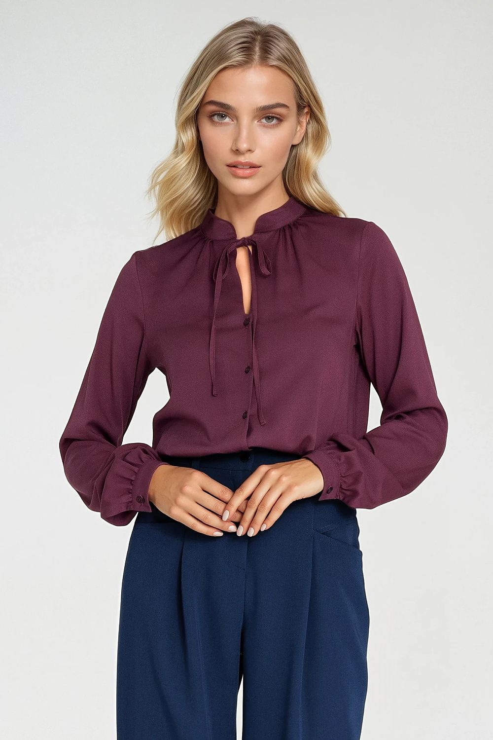 Nife Elegant Long Sleeve Blouse Shirt for Women in luxurious viscose, featuring delicate neck tie and subtle pleats, available in sizes EU 36 to 42.