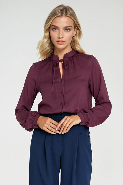 Nife Elegant Long Sleeve Blouse Shirt for Women in luxurious viscose, featuring delicate neck tie and subtle pleats, available in sizes EU 36 to 42.