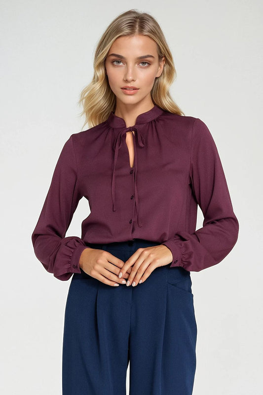 Nife Elegant Long Sleeve Blouse Shirt for Women in luxurious viscose, featuring delicate neck tie and subtle pleats, available in sizes EU 36 to 42.