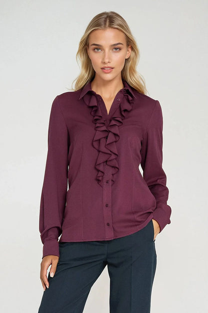 Elegant Women's Long Sleeve Shirt with Decorative Jabot by Nife, showcasing a timeless Viscose style that enhances feminine silhouette.
