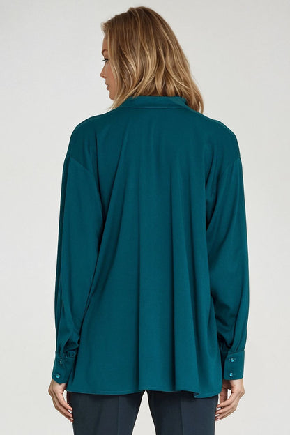Chic oversized blouse by Nife in premium viscose, showcasing an elegant design with a teardrop neckline suitable for versatile fashion styling in sizes EU 36-42.