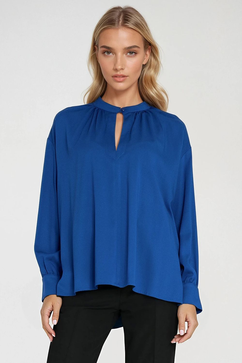 Nife Elegant Oversized Viscose Blouse featuring a sophisticated teardrop neckline, designed for comfort and style, available in sizes EU 36/38 to EU 40/42.