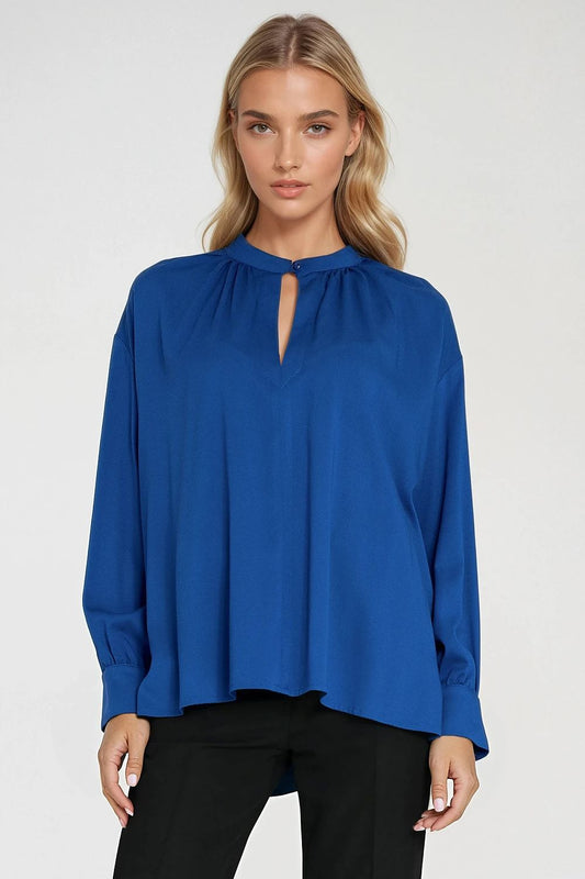 Nife Elegant Oversized Viscose Blouse featuring a sophisticated teardrop neckline, designed for comfort and style, available in sizes EU 36/38 to EU 40/42.