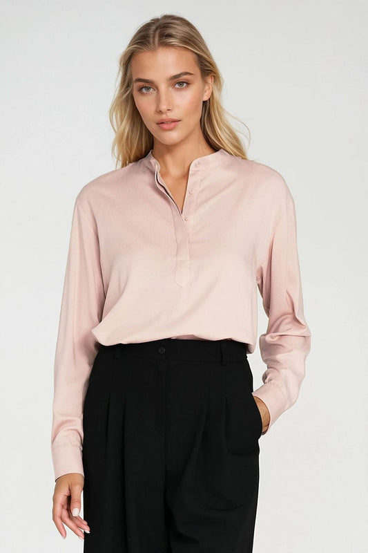 Elegant oversized viscose blouse by Nife with a polo neckline and long sleeves, perfect for smart casual outfits, available in sizes EU 36-42, US 4-10.