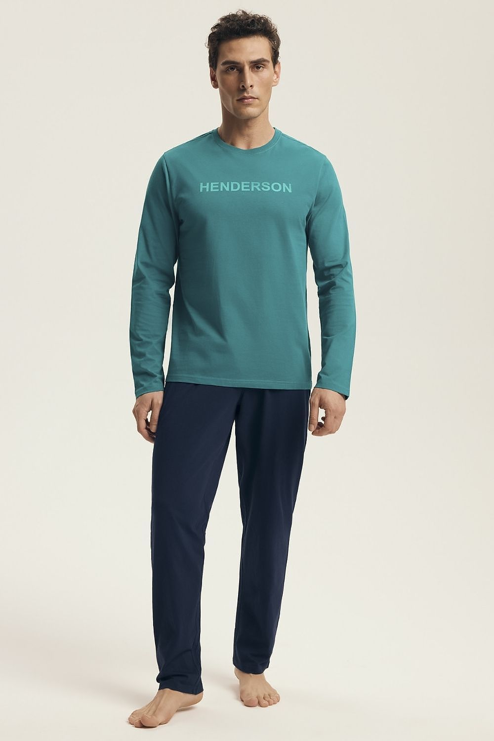 Luxury Henderson Men's Cotton Pajamas Set featuring a modern print design, long sleeves, and an elastic waistband for perfect comfort, ideal for relaxing at home.