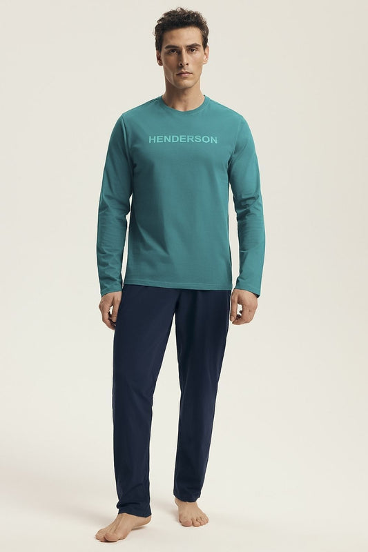 Luxury Henderson Men's Cotton Pajamas Set featuring a modern print design, long sleeves, and an elastic waistband for perfect comfort, ideal for relaxing at home.