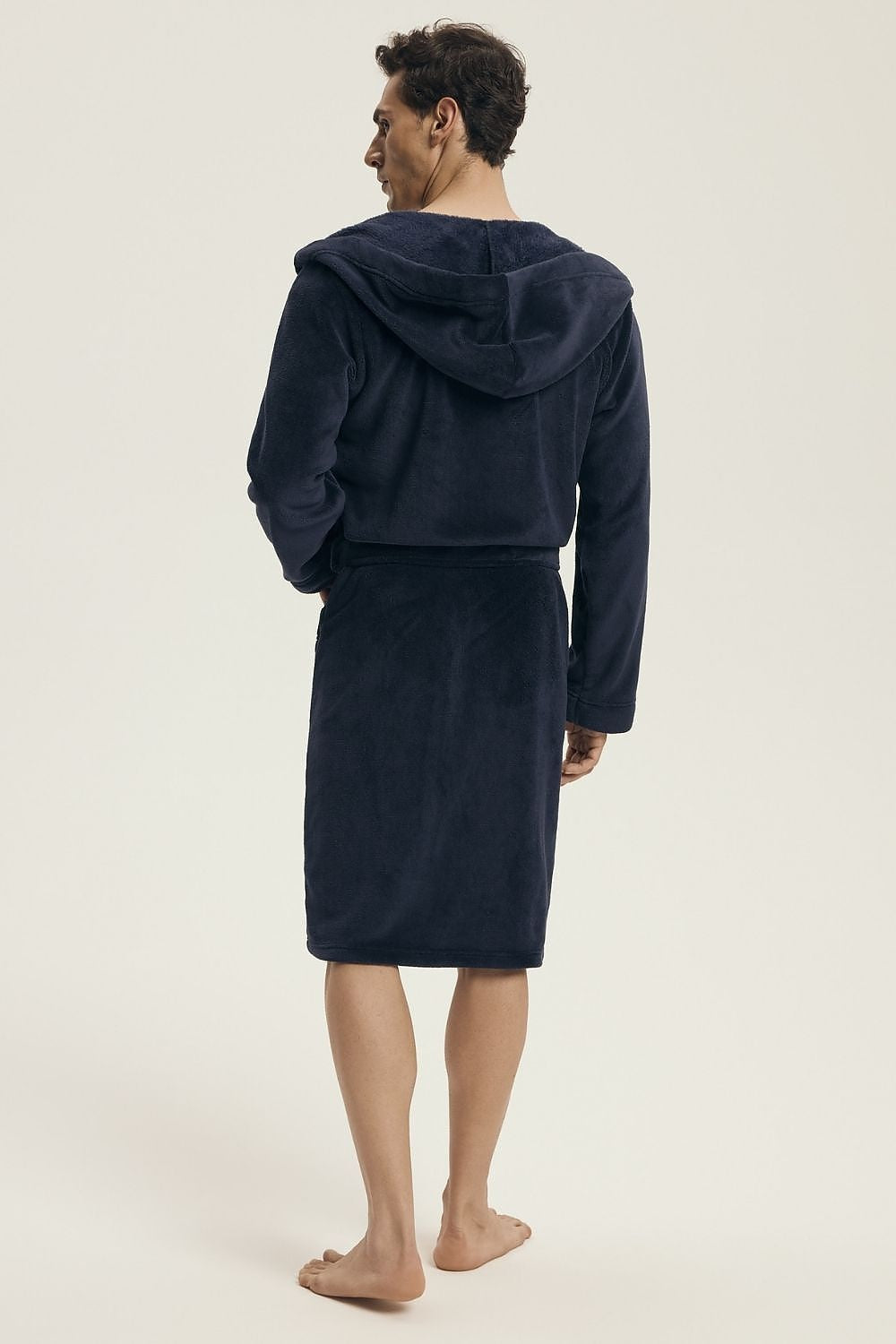 Close-up of the Henderson luxury men's bathrobe details, belt tie, and smooth 100% polyester fabric, exemplifying comfort and style for the modern man.