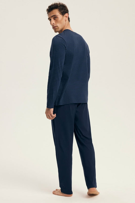 Elegant Henderson men's cotton pyjamas showcasing a fashionable striped pattern, complete with a comfortable elastic waistband and drawstrings for a tailored fit. Perfect relaxation attire.