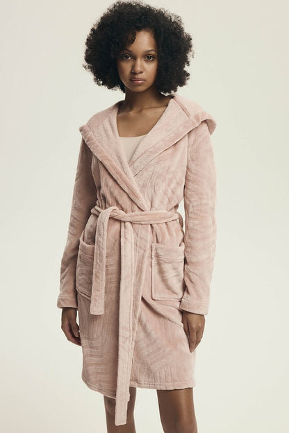 Luxury women's hooded bathrobe by Henderson, crafted from soft polyester with a knee-length design, ideal for home relaxation.