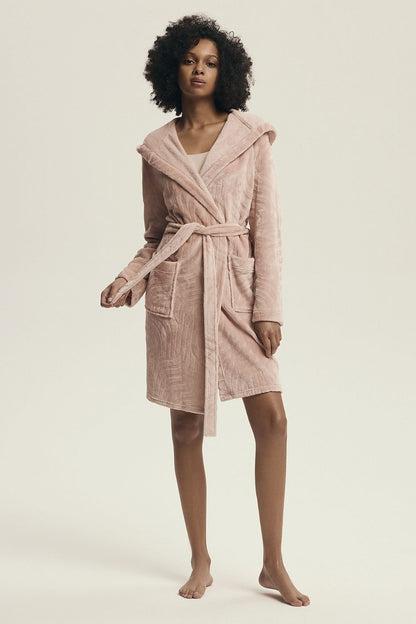 Elegant Henderson women's bathrobe featuring a flattering silhouette, practical pockets, and a chic hood, perfect for lounging in luxury.