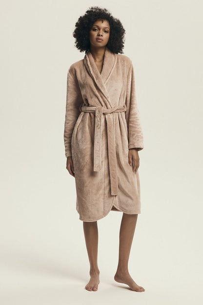 Elegant women's Henderson bathrobe made of shiny knit fabric, showcasing its luxurious design, comfortable fit, and adjustable waist tie, perfect for chic loungewear or a stylish gift option.