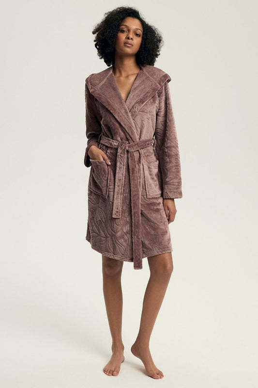 Luxurious Henderson women's bathrobe in soft polyester with elegant embossed design, featuring a hood and pockets, knee-length for ultimate comfort.