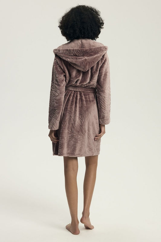 Close-up of the Henderson women's bathrobe showcasing the exquisite embossed pattern and tie waist detail, perfect for lounging in style.