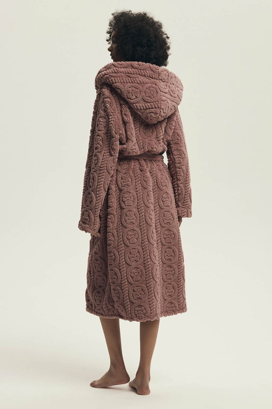 Luxurious Henderson Women's Quilted Bathrobe in knee-length style, showcasing a sophisticated hood and stylish pockets, perfect for warmth and relaxation.