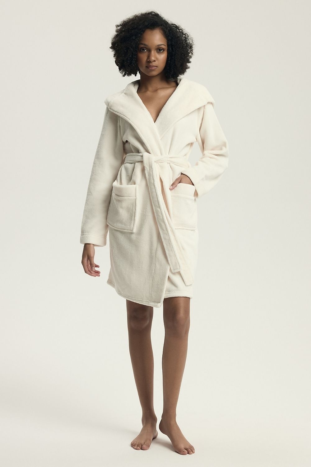 Elegant Henderson women's bathrobe showcasing its practical pockets and belt tie for an ideal fit.