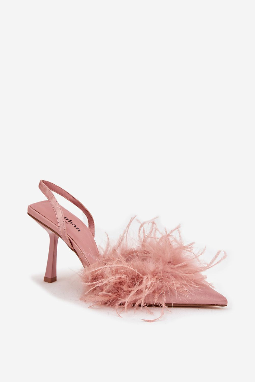 Close-up of luxurious women's high heels with feather accents from Step in Style, showcasing the eco-leather insole and pointed toe design.