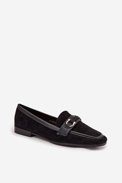 Close-up of Step in Style women's loafers in soft imitation leather suede, featuring a decorative element, embodying sophistication and comfort.
