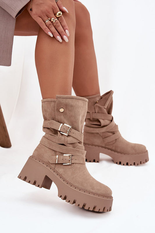 Luxurious Women’s Eco Suede Ankle Boots by Step in Style, featuring elegant gold buckles and a substantial 7cm heel for sophisticated comfort and style.