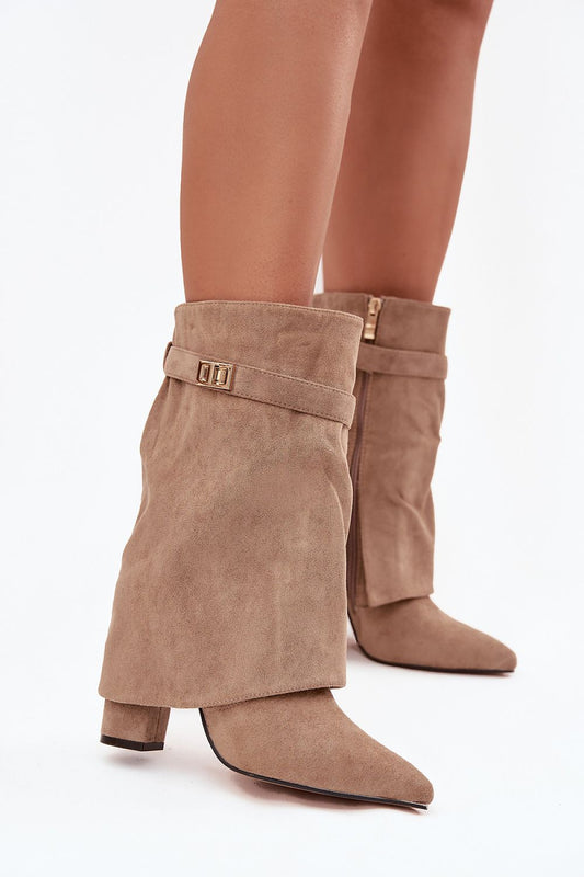 Elegant eco-suede ankle boots by Step in Style, featuring a stylish rolled cuff, pointed toe, and 11cm heel, perfect for sophisticated winter fashion.