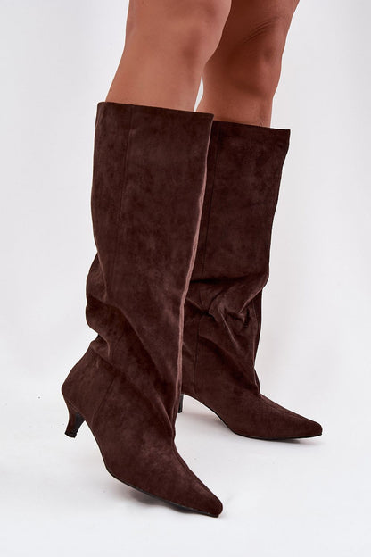 Elegant women's faux suede heel boots crafted by Step in Style, featuring a low heel for comfort and a slip-on design, available in sizes EU 36-41.
