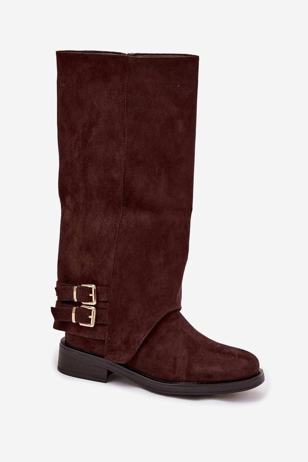Side view of Step in Style eco suede thigh-high boots showcasing the chic zipper and trendy buckle details for effortless elegance.
