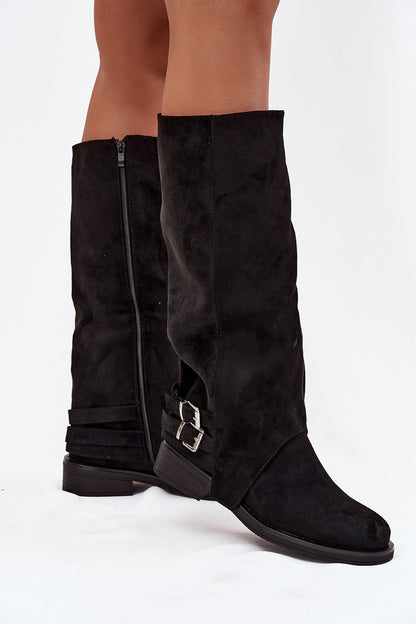 Luxury eco suede thigh-high boots from Step in Style featuring decorative straps and a convenient side zipper, ideal for fashionable comfort in sizes EU 36-41.