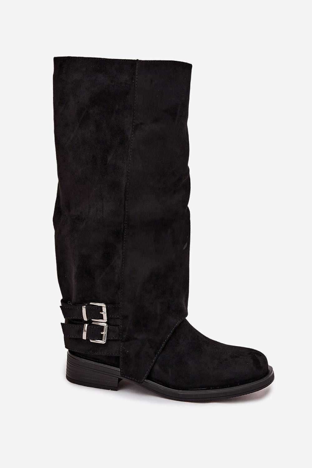 Luxury Eco Suede Thigh-High Boots with Decorative Straps by Step in Style, featuring a side zipper and comfortable flat heel, suitable for elegant outfits and casual wear.