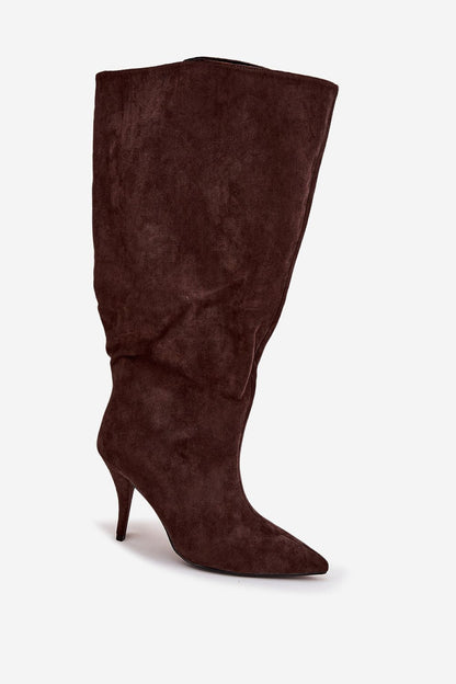 Chic eco suede heel boots for women by Step in Style, showcasing a fashionable design with a loose shaft and delicate stitching for added elegance.
