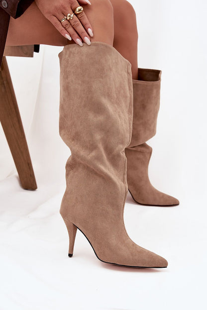 Elegant stiletto heel boots for women by Step in Style, crafted from soft eco suede, featuring a stylish pointed toe and chic loose shaft, perfect for casual looks and available in sizes EU 36-41.
