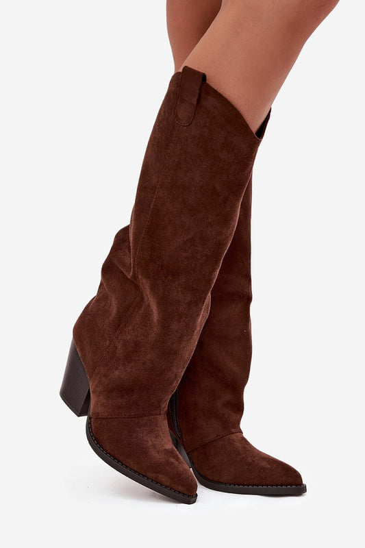 Elegant women's eco suede cowboy heel boots by Step in Style, featuring an 8.5 cm stable pillar heel and a chic zipper, available in sizes EU 36-41, perfect for complementing any fashionable outfit.