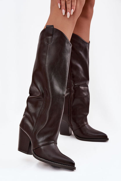 Luxury women's eco leather cowboy-style boots from Step in Style, featuring an elegant 8.5 cm heel, stylish pointed toes, and practical zipper closure for easy wear.