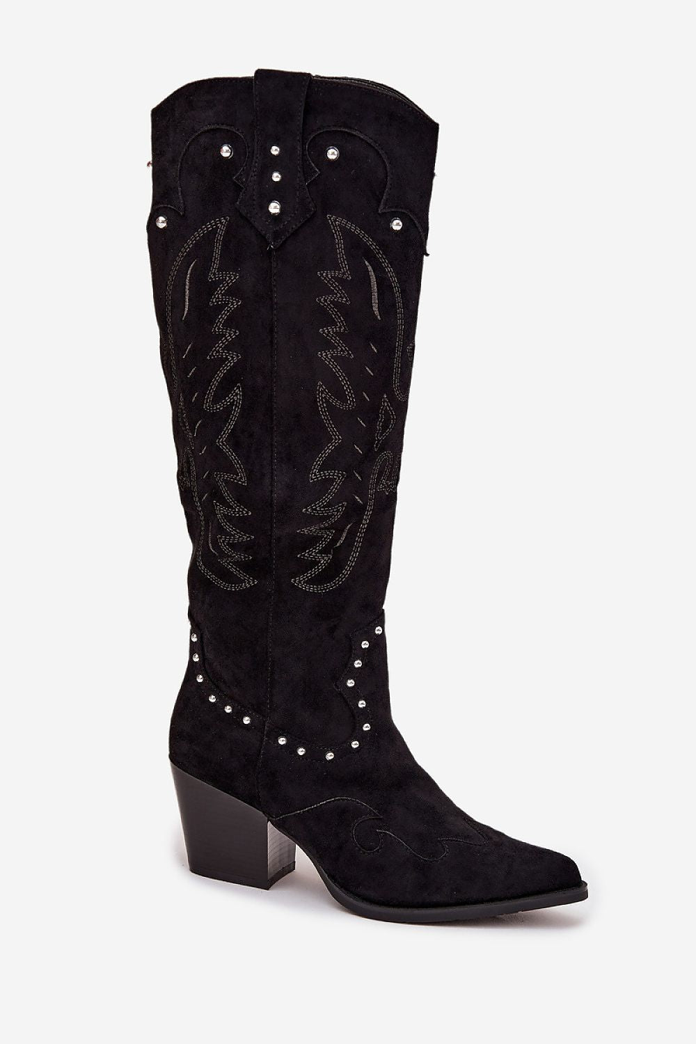 Close-up of decorative stitching and embellishments on women's faux suede cowboy heel boots from Step in Style, showcasing luxury craftsmanship.
