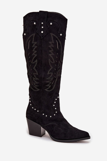 Close-up of decorative stitching and embellishments on women's faux suede cowboy heel boots from Step in Style, showcasing luxury craftsmanship.