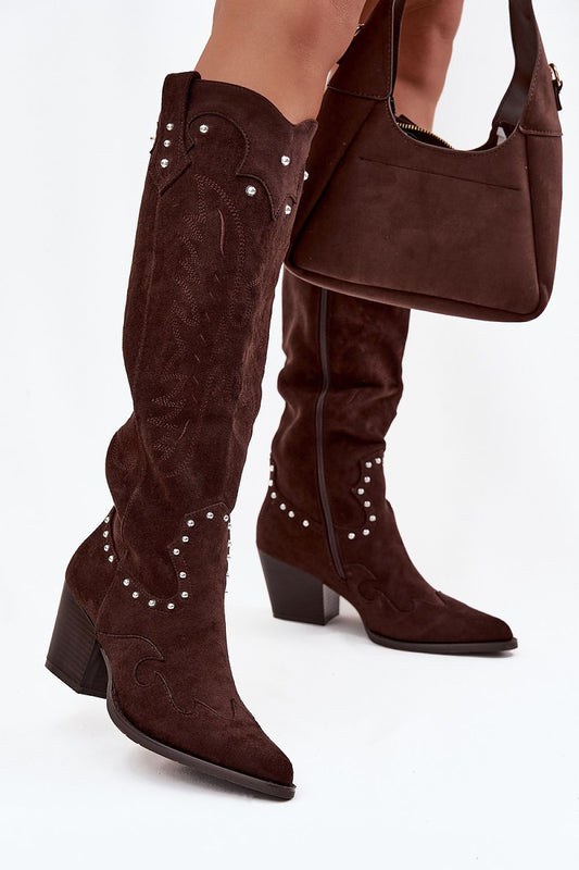 Women's Eco-Suede Cowboy-Style Heel Boots designed by Step in Style, featuring decorative stitching and a chic cut pillar heel, ideal for adding a touch of elegance to any outfit.