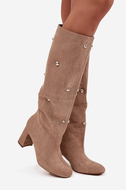 Elegant Women's Eco Suede Heel Boots by Step in Style, featuring decorative details, perfect for autumn-winter fashion with a sophisticated column heel.